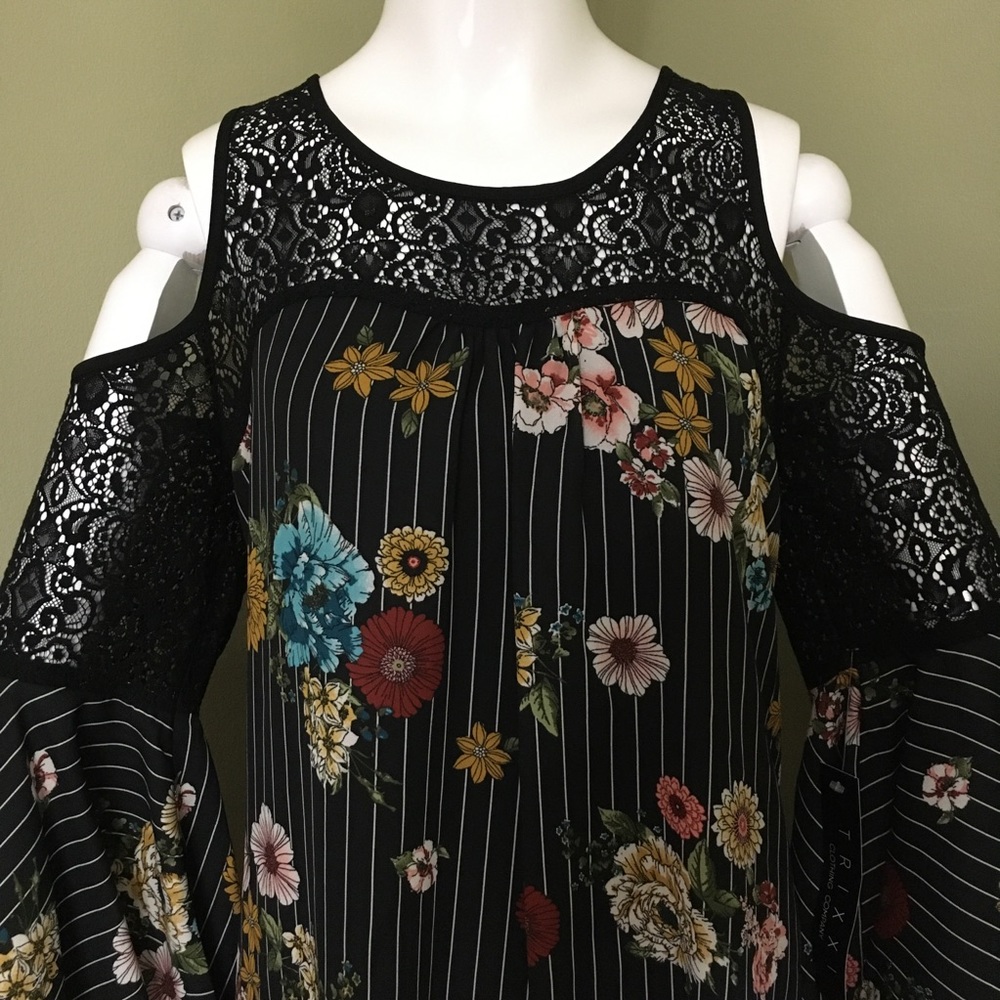 Trixxi Cold Shoulder Lace Stripes Floral Shift - Picture 2 of 8